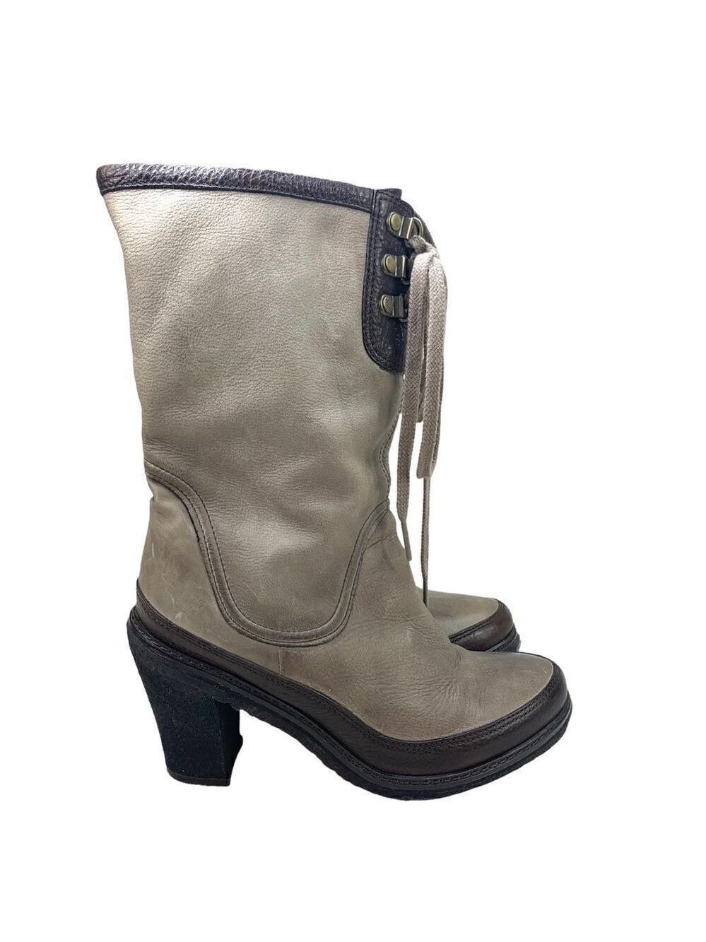 Rabokigoshi Works Taupe Brown Leather Lace-Up Chunky Heel Boots 5.5